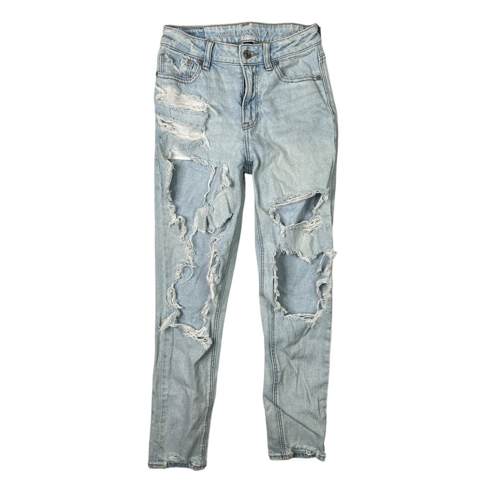American Eagle AE Mom Jean Destroyed Ripped Denim Tapered Mid Rise Light Wash 00